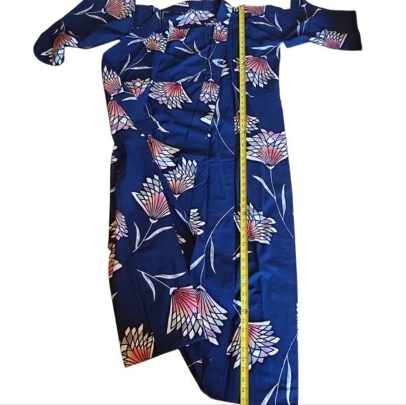 Blue Unisex Kimono; Slate Blue with Multicoloured Lotus Flower Design. - Picture 6 of 11
